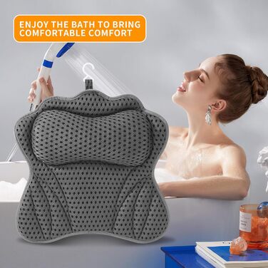 Подушка для ванни з 6 присосками, сітчаста технологія 4D Air Mesh, підтримка голови, шиї, плечей та спини, підходить для всіх ванн (Сіра)