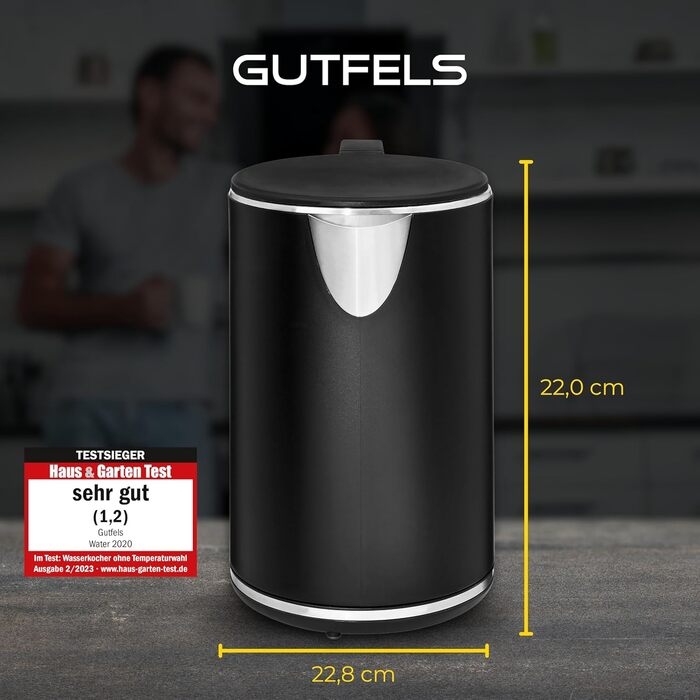 Електричний чайник GUTFELS WATER 2020, 2200 Вт, 1 л, подвійні стінки, з фільтром від накипу, захист від перегріву, чорний