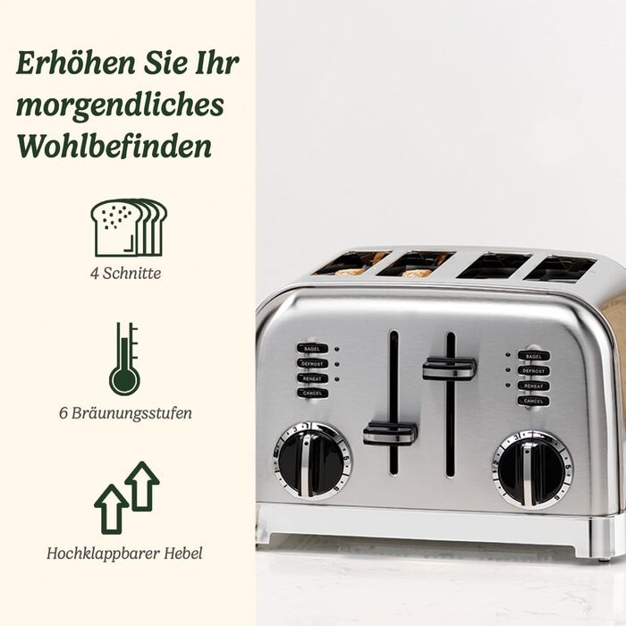 Тостер Cuisinart на 4 скибки з широкими слотами, 6 режимів підсмажування, функція розморожування, підйомний важіль, нержавіюча сталь