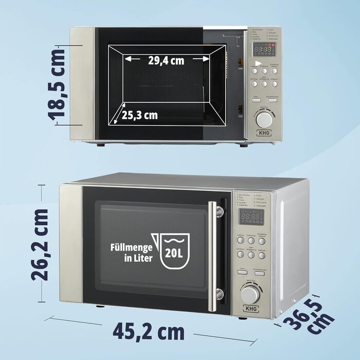 Мікрохвильова піч KHG MW-20.1GS з грилем, 20 л, металева, срібляста, 1200 Вт, 9 автопрограм, таймер 60 хв, цифровий дисплей, дитячий захист