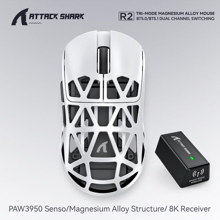 Ігрова бездротова миша Attack Shark R2 з магнієвим корпусом, сенсор PixArt PAW3950, 8K Гц, 42000 DPI, ультралегка 48г, BT/2.4G/USB, білий колір