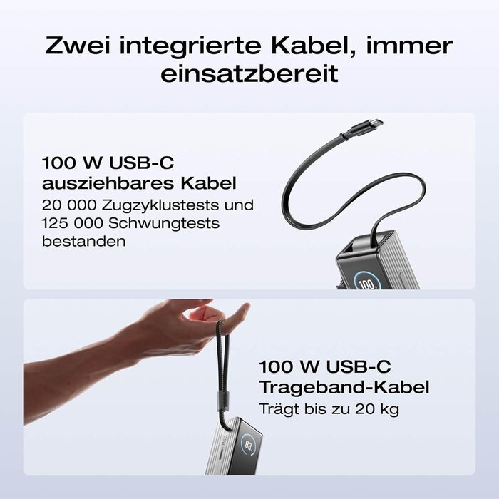 EcoFlow Rapid Powerbank 25000 mAh 170W з вбудованим кабелем та USB-C 100W - портативний зарядний пристрій для iPhone, Samsung, MacBook та інших пристроїв (срібний)