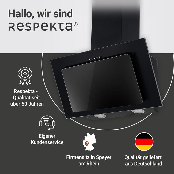 Похила витяжка Respekta CH33060WB (60 см, чорна) з металевим корпусом та скляним екраном, режим відведення та рециркуляції повітря