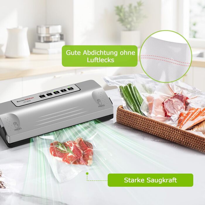 Вакуумний пакувальник Bonsenkitchen VS1800 сріблястий, 30 см, імпульсний режим, зовнішній підключення, захист від перегріву + 5 пакетів