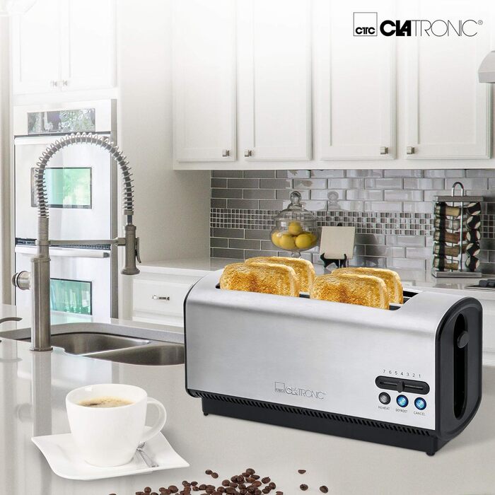 Тостер Clatronic TA 3687 для 4 тостів, довгий слот, функції розморожування, підігріву, швидкої зупинки, регульований ступінь підсмажування, центрування, корпус з нержавіючої сталі, чорний