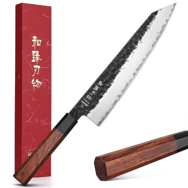Професійний японський ніж Kiritsuke HEZHEN 21,5 см, кухонний ніж із 3-шарової дамаської сталі з восьмигранною ручкою з червоного дерева та дерев'яним чохлом