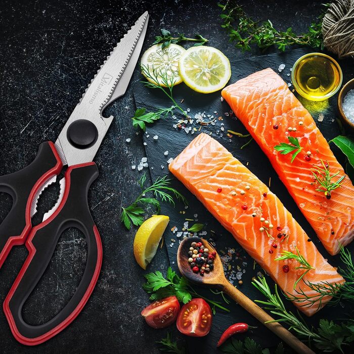 Ножиці кухонні Vitalismo універсальні нержавіючі 21 см, з відкривачкою для пляшок, червоні. Ножиці для риби, птиці, горіхів.