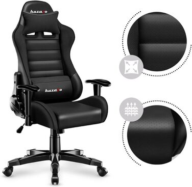 Ігрове крісло Huzaro Ranger 6.0 для дітей, ергономічне, з подушками для шиї та попереку, з підлокітниками, штучна шкіра, сучасний дизайн, чорне