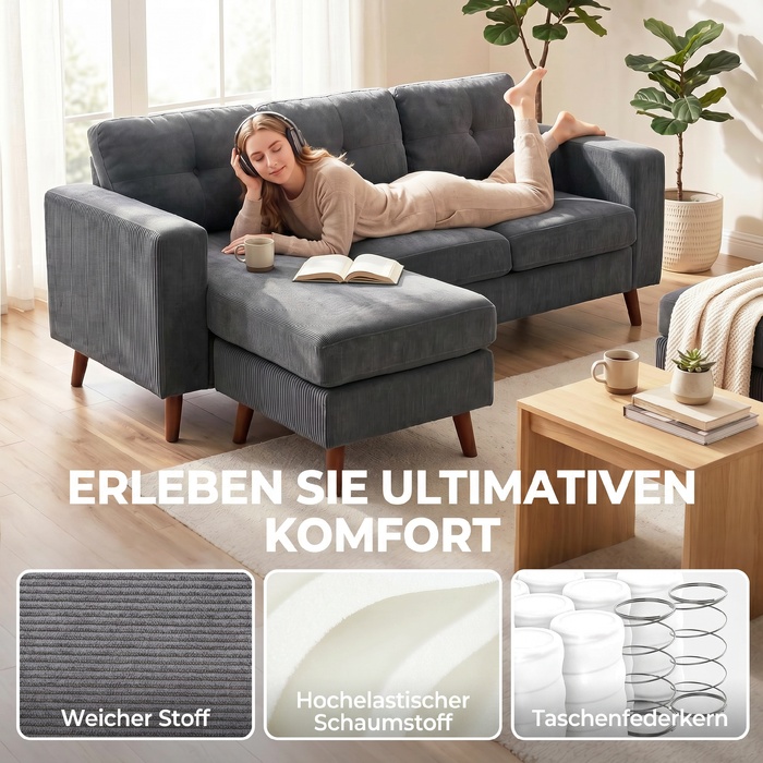 Кутовий диван Ecksofa 192 см, 3-місний, з реверсивним шезлонгом, вельвет, темно-сірий