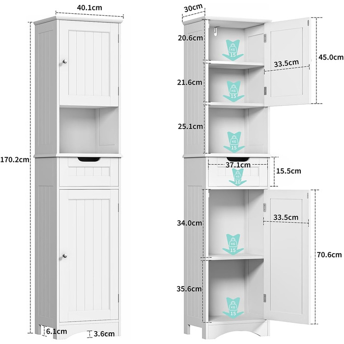 Висока шафа для ванної Bealife 170x40x30 см, біла, з регульованими полицями, відкритою нішею, шухлядою та дверцятами для ванної кімнати, вітальні, спальні