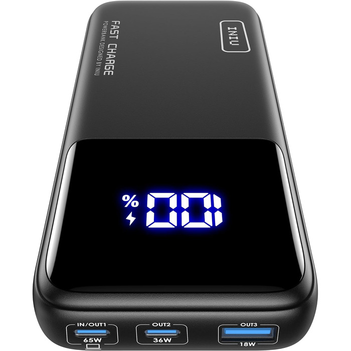 Power Bank INIU 20000mAh 65W: зарядний пристрій для телефону та ноутбука. USB-C, сумісний з MacBook, iPad, iPhone, Steam Deck. Чорний
