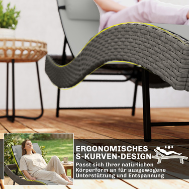 Шезлонг з ротангу Polyrattan S-подібної форми з 5-рівневим регулюванням спинки, підголівником, дихаючою тканиною та захистом від ультрафіолету.