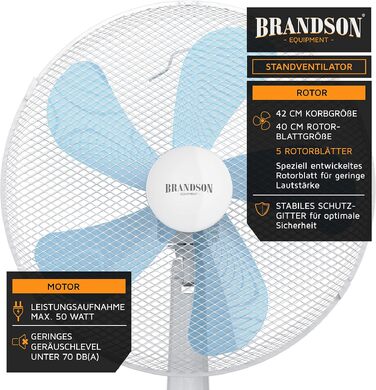 Вентилятор підлоговий Brandson 50 Вт, 40 см, білий: регульована висота, нахил 30°, 3 швидкості, коливання 80°