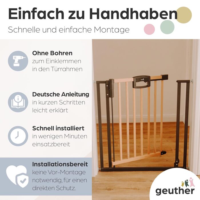 Захисний бар'єр на двері Geuther Easylock Plus для сходів 80,5-88,5 см. Дерев'яно-металевий бар'єр для дітей без свердління, двосторонній, колір: натуральний/антрацит