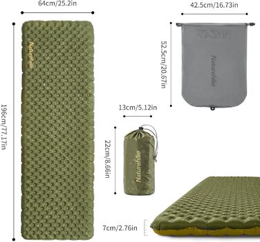 Naturehike ультралегка самонадувна ізомат для кемпінгу 3,8 R, міцний надувний туристичний килимок для походів, альпінізму, рюкзингових подорожей, прямокутна, зелена, розмір L