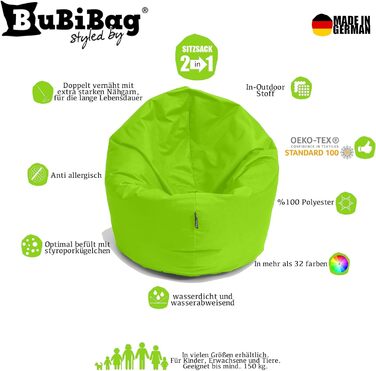Дитячий та підлітковий пуф BuBiBag для дому та вулиці, ігровий мішок-мат для сидіння з наповнювачем, 100 см, колір ківі
