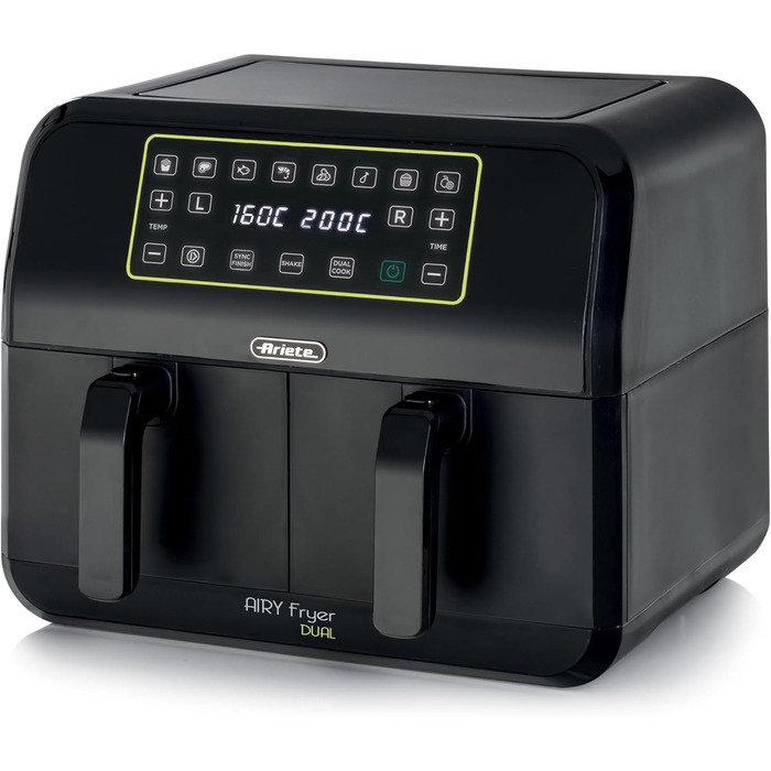 Аерофритюрниця Ariete 4623 Airy Fryer Dual, подвійна чаша, 1700 Вт, 8 л, 3 режими, сенсорне LED-управління, 8 програм, таймер, чорна