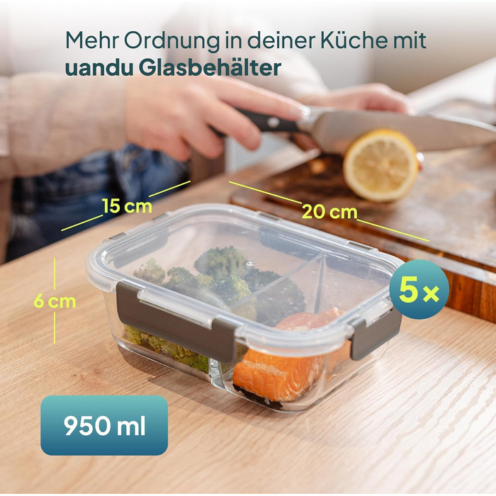 Набір скляних контейнерів для їжі з кришками uandu, 10 предметів, Meal Prep бокси з 2 відділеннями, антрацит