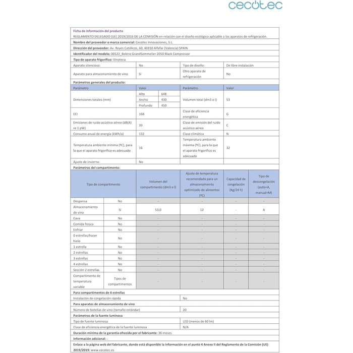 Винний холодильник Cecotec Bolero GrandSommelier 2050 Black на 24 пляшки - компресорний, регульована температура 5-18°C, низький рівень шуму