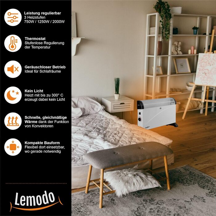 Електричний конвектор LEMODO з 3 режимами потужності 750/1250/2000 Вт, мобільний енергозберігаючий обігрівач без газу та олії