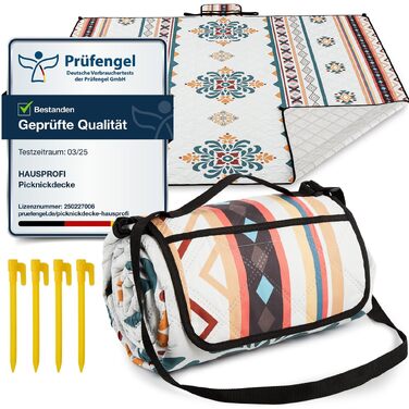 Водонепроникний килимок для пікніка HausProfi Boho 200x200 см, ізольована пляжний ковдра для кемпінгу з бавовняним наповнювачем, ручкою та кілками