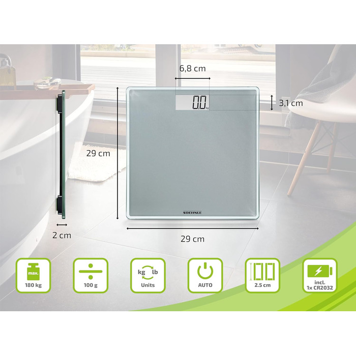 Цифрова вага Soehnle Style Sense Compact 300 для людей, з великою платформою, LCD-дисплеєм, ультратонкий дизайн, скло, сіра