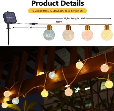 Сонячна гірлянда Qedertek 6 м, 160 LED, тепле біле світло, 16 бавовняних кульок, водонепроникна для вулиці, саду, балкона, весілля, вечірки, дитячої кімнати, великодній декор