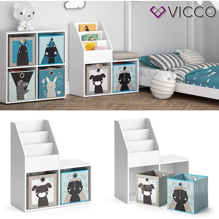 Дитяча книжкова полиця Vicco Luigi, біла, 72x79 см, з 2 складними коробками з малюнком песика та котика