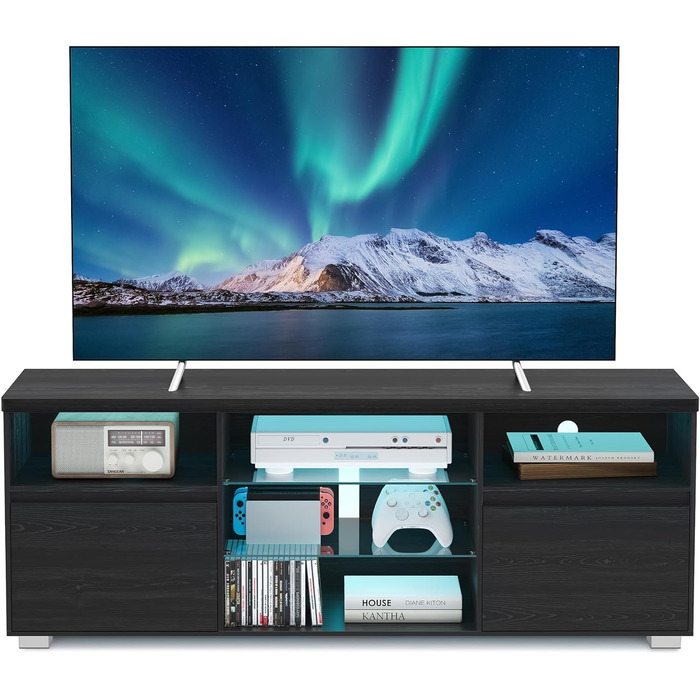 TV-тумба VASAGLE Kailyn LTV331T10 чорна з LED підсвіткою під телевізор до 70 дюймів, з полицями та шафками для вітальні