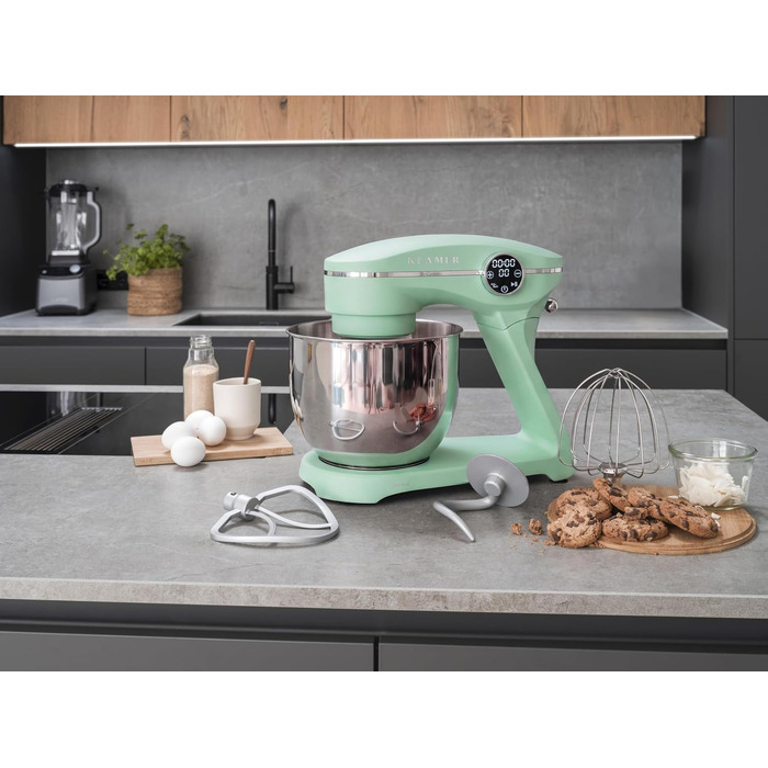 Кухонний комбайн KLAMER 1800W, планетарний міксер для тіста з чашею 6л з нержавіючої сталі, 10 швидкостей, таймером та набором насадок (Premium Mint)