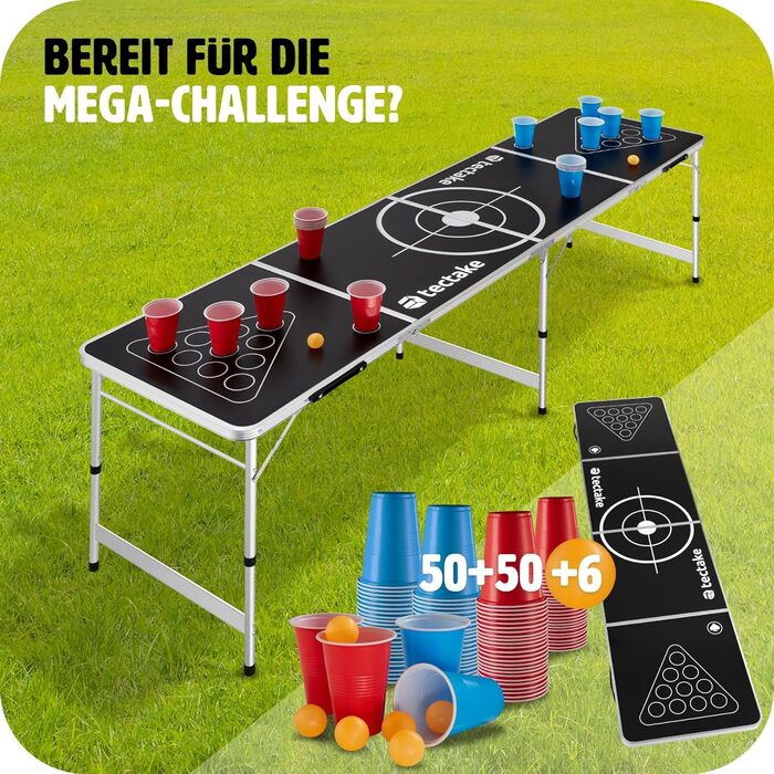 Стіл для Beer Pong tectake, складаний, висота регулюється, з ручками, набір 100 стаканів (50 червоних, 50 синіх) та 6 м'ячів, ігровий стіл для вечірок, пивний понг для дорослих