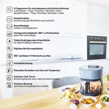 Аерофритюрниця Lauben Glass&Steam 4500BG зі скляним кошиком та функцією пари, 8 програм, 4.5л