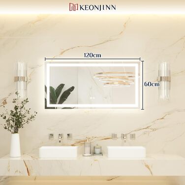 Дзеркало для ванної кімнати Keonjinn з підсвічуванням 50x70 см, без запотівання, LED, сенсорне керування, 3 кольори світла, регулювання яскравості, функція пам'яті, настінне дзеркало без рами (60L x 120B cm)
