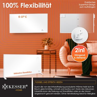 Інфрачервона електронагрівач KESSER 700 Вт, енергоощадна, для підлоги і стіни, з термостатом, дистанційним керуванням та керуванням через додаток, біла