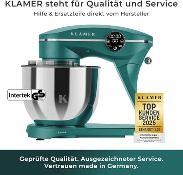 Кухонний комбайн KLAMER 1800W — Планетарний міксер для тіста з чашею 6л, 10 швидкостями та таймером, набір насадок (гак, вінчик, міксер), колір бірюзовий