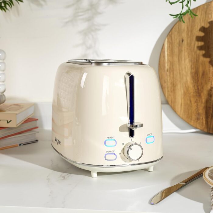 Тостер Salter Retro Creme на 2 тости - 7 режимів підсмажування, розморожування, підігрів, зупинка, підйом тостів, знімний піддон для крихт, автоматичне центрування, тримач для булочок, захист від застрягання, 930 Вт