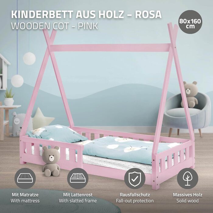 Дитяче ліжко-халапа Tipi ML-Design біле з бортиками та ламелями, з сосни, індіанське ліжко для дівчаток та хлопчиків, ліжко-будиночок з огорожею, підлогове ліжко-халапа для дітей та підлітків, ігрове ліжко-намет (80x160 см з матрацом, рожеве)