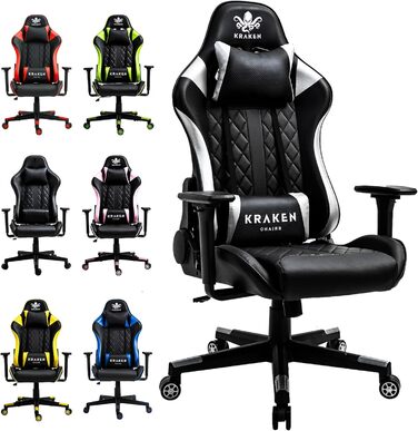 Ігрове крісло KRAKEN CHAIRS, ергономічне, офісне, з регульованою висотою, 3D підлокітниками, подушкою для попереку та підголівником, чорне-сріблясте, екошкіра