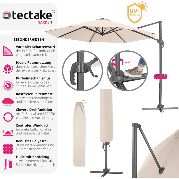 Сонцезахисна парасолька tectake 300 см, ампельна, з чохлом, регульована висота, складана, з педаллю і ручкою, UV 50+, для тераси або балкона, бежева