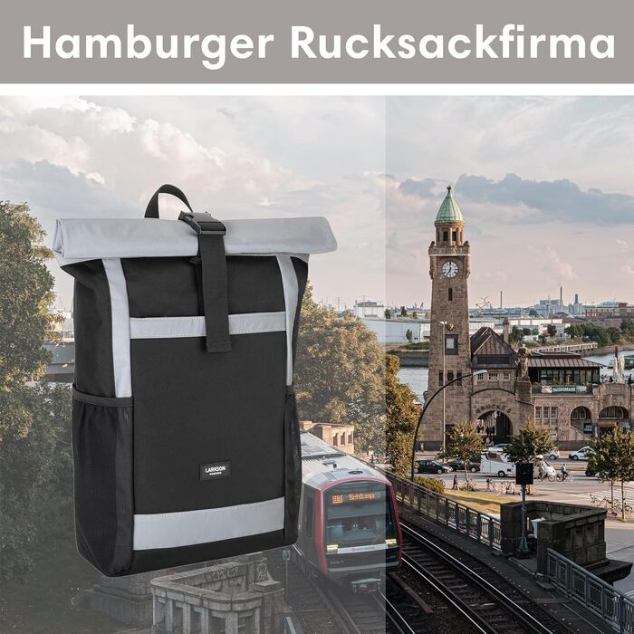 Жіночий рюкзак LARKSON Rolltop чорний, водовідштовхувальний, антивандальний, з відділенням для 16'' ноутбука, рефлективний, для школи, університету, велосипеда, робочий, екологічний