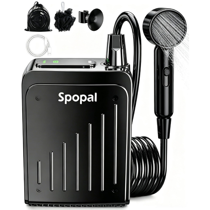 Портативний кемпінговий душ Spopal, водонепроникний IPX8, акумуляторний насос з індикатором рівня заряду та гачком, зарядка Type-C, для подорожей, пляжу, авто та миття тварин