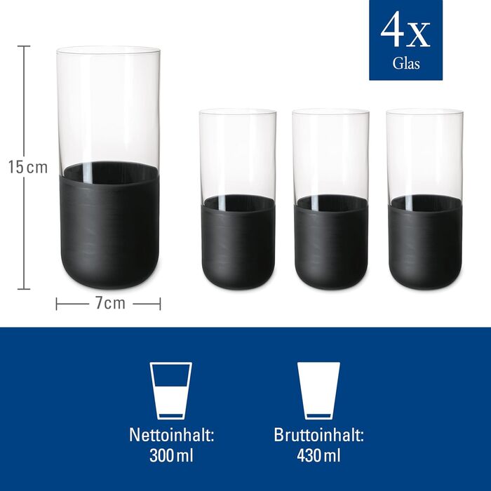 Набір склянок Villeroy & Boch Manufacture Rock: 4 шт, 300 мл, матовий чорний, ручне розписування, для коктейлів, лонгдрінків, мохіто, кайпіріньї, кришталеве скло