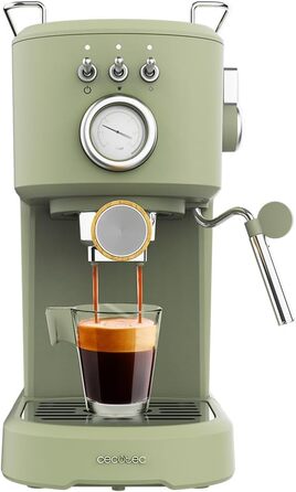 Еспресо-машина Cecotec Compact Power Espresso 20 Retro Green: 1100 Вт, 20 бар, термоблок, капучинатор, манометр