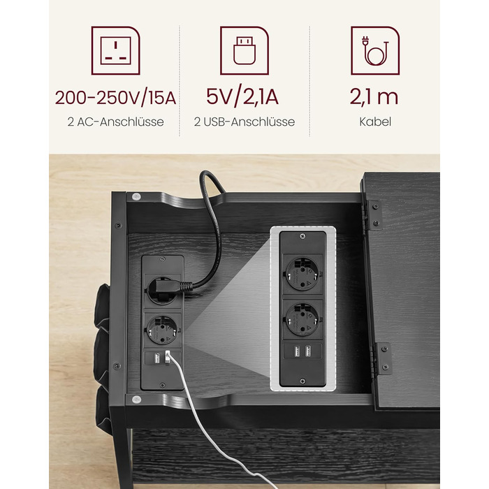 VASAGLE приліжковий столик із розеткою та USB, вузький, з кишенею, чорний з деревною текстурою, для вітальні та спальні