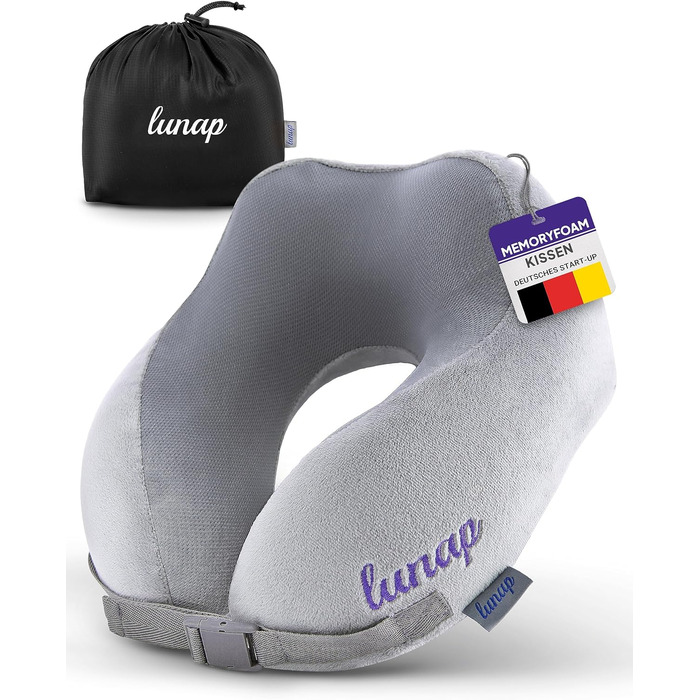 Дорожня подушка для шиї Memory Foam lunap, сіра, ортопедична, для літака та авто, знімний чохол