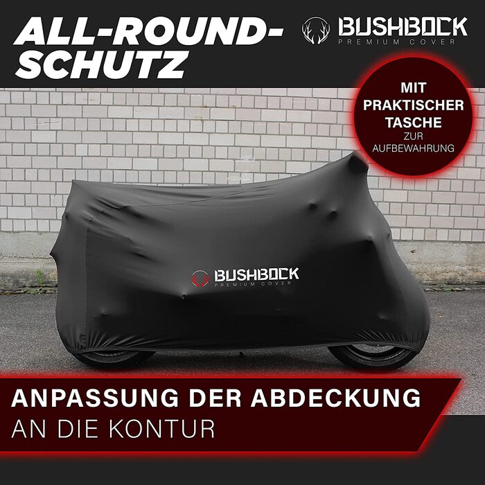 Преміум чохол для мотоцикла в приміщенні BUSHBOCK® — еластичний пилозахисний покривал з дихаючого оксамитового стрейч-тканини, розмір M-L, чорний