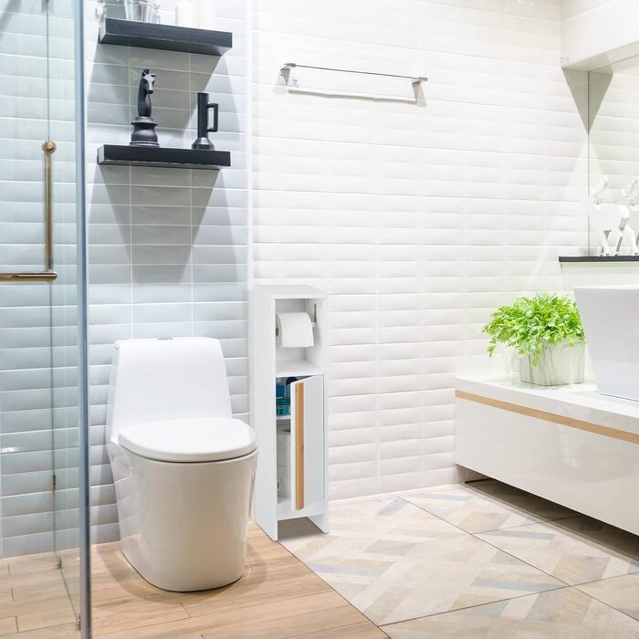 Підлоговий тримач для туалетного паперу Relaxdays з полицею, 75,5x18,5x18,5 см, МДФ і бамбук, шафа для туалетного паперу, білий