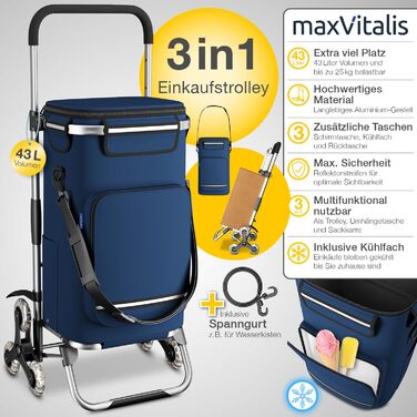 Сходовий візок для покупок maxVitalis з ізотермічним відділенням, складаний, регульований, з рефлекторами, знімна сумка 43 л, колір синій