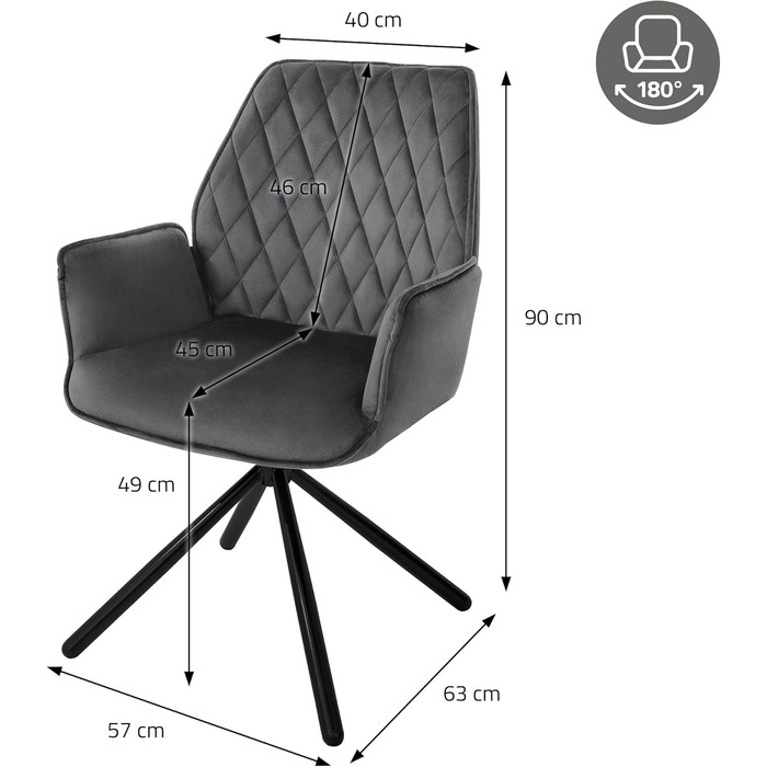Крісло ML-Design для вітальні та їдальні, обшите велюром, з металевими ніжками, поворотне, ергономічне (1 шт, антрацит)