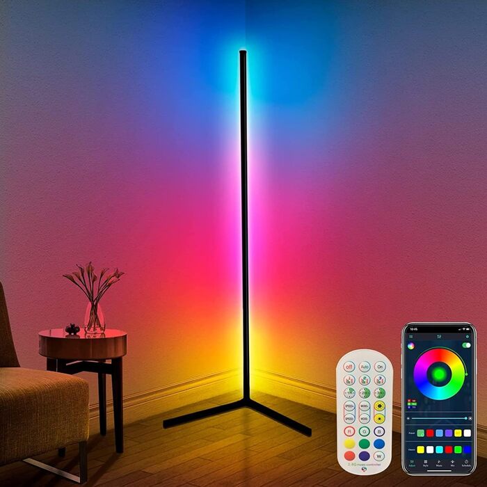 LED торшер DeeprBling для вітальні 165 см, кутова RGB лампа з димуванням, пультом і додатком, 16 млн кольорів, музичний та DIY-режими, таймер, для спальні, ігрової кімнати, офісу, читального залу, трикутна база